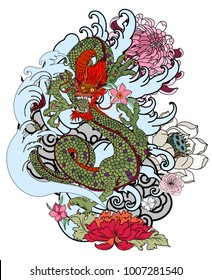 Japanese tattoo design full back body.The Old Dragon and koi carp fish with water splash and peony flower,cherry blossom,peach blossom on cloud background.