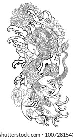 Japanese tattoo design full back body.The Old Dragon and koi carp fish with water splash and peony flower,cherry blossom,peach blossom on cloud background.