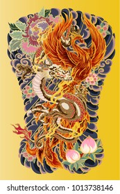 Japanese Tattoo design full back body.The Dragon and Phoenix fire bird with Peach juice and peony flower,cherry blossom,peach blossom on cloud background.Phoenix Fire bird with Old Dragon vector.