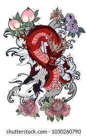 Japanese tattoo design full back body.The Old Dragon and koi carp fish with water splash and peony flower,cherry blossom,peach blossom on cloud background.