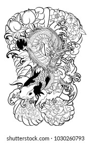 Japanese tattoo design full back body.The Old Dragon and koi carp fish with water splash and peony flower,cherry blossom,peach blossom on cloud background.