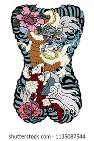 Japanese tattoo design full back body.The Old Dragon and koi carp fish with water splash and peony flower,cherry blossom,peach blossom on cloud background.