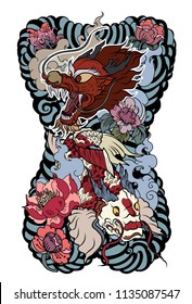 Japanese tattoo design full back body.The Old Dragon and koi carp fish with water splash and peony flower,cherry blossom,peach blossom on cloud background.