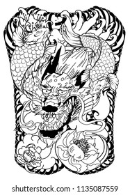Japanese tattoo design full back body.The Old Dragon and koi carp fish with water splash and peony flower,cherry blossom,peach blossom on cloud background.