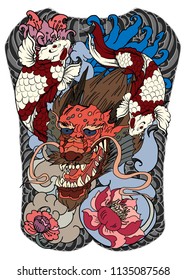 Japanese tattoo design full back body.The Old Dragon and koi carp fish with water splash and peony flower,cherry blossom,peach blossom on cloud background.