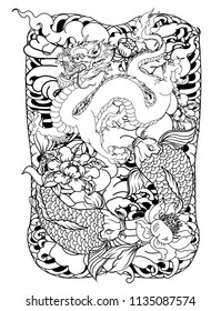 Japanese tattoo design full back body.The Old Dragon and koi carp fish with water splash and peony flower,cherry blossom,peach blossom on cloud background.