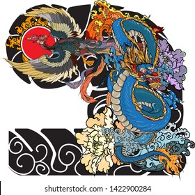 Japanese Tattoo design full back body.The Dragon and Phoenix fire bird with Peach juice and peony flower,cherry blossom,peach blossom on cloud background.Phoenix Fire bird with Old Dragon vector.