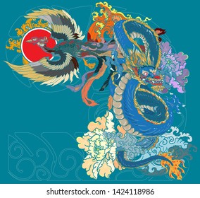 Japanische Tattoo-Design volles Hinterteil.Der Drache und Phoenix Feuervogel mit Pfirsichsaft und Pfirsichblüte, Kirschblüte, Pfirsichblüte auf Wolkenhintergrund.Phoenix Feuervogel mit Altem Drachen Vektorillustration.