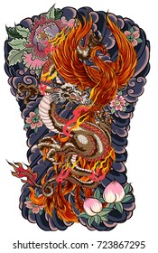 Japanese Tattoo design full back body.The Dragon and Phoenix fire bird with Peach juice and peony flower,cherry blossom,peach blossom on cloud background.Phoenix Fire bird with Old Dragon vector.