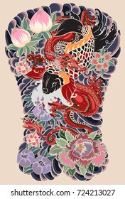 Japanese tattoo design full back body.The Old Dragon and koi carp fish with water splash and peony flower,cherry blossom,peach blossom on cloud background.