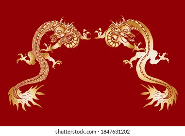 Japanese tattoo of red dragons. Dragons on red background for Chinese New Year. Gold Chinese Dragon vector. Gold line art King Dragon tattoo.cartoon vector for t-shirt.