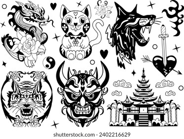 Tatuaje japonés con máscara de demonio Hannya, gato Maneki Neko, dragón chino con flores. Juego de arte para tatuajes o imprimir en una camiseta. Oni mask vecto