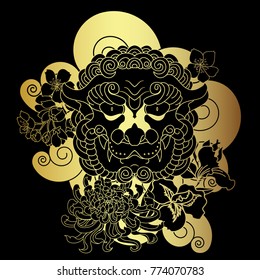Japanese tattoo wallpaper.Gold lion and tiger pattern.Traditional lucky lion design.