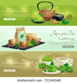 Japanese tea ceremony 3 horizontal banners webpage design  green matcha powder dessert and teapot isolated vector illustration    