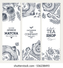 Japanese tea ceremony banner collection. Tea design templates. Engraved style illustration. Matcha tea. Vector illustration 