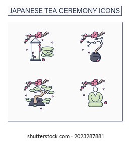 Japanese Tea Ceremony Color Icons Set. Seiza Position, Flower Arrangement, Hanging Scrolls. Japan Ancient Tradition. Tea Ceremony Concept.Isolated Vector Illustrations