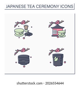 Japanese tea ceremony color icons set. Tea caddy, bowl, room, matcha. Japan ancient tradition. Tea ceremony concept.Isolated vector illustrations
