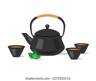 Сhinese or japanese tea ceremony concept. Ceramic teapot and cups isolated. Vector illustration. 