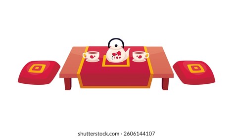 Japanese tea ceremony concept vector flat illustration. Cups and teapot with Sakura cherry blossom decorations on table. Red pillows and tablecloth isolated on white background