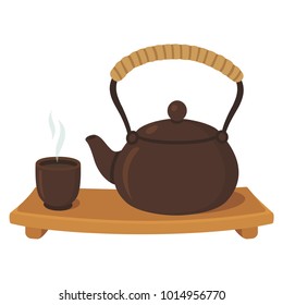 Japanese tea ceremony drawing set. Ceramic teapot and a steaming cup of green tea on wooden board. Isolated vector illustration.