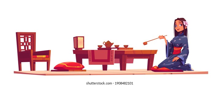 Japanese tea ceremony. Girl in kimono and traditional wooden furniture of chinese living room. Vector cartoon illustration with geisha, cups and teapot on table, chair and red cushions