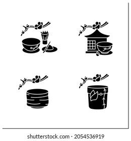 Japanese tea ceremony glyph icons set. Tea caddy, bowl, room, matcha. Japan ancient tradition. Tea ceremony concept.Filled flat signs. Isolated silhouette vector illustrations