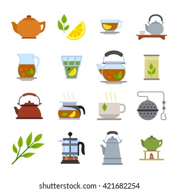 Japanese tea ceremony icons. Equipment isolated on white background. Tea time. Vector illustration.