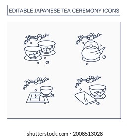 Japanese tea ceremony line icons set. Japanese tea cups, teapot, tatami mat, chakin. Japan ancient tradition. Tea ceremony concept.Isolated vector illustrations.Editable stroke