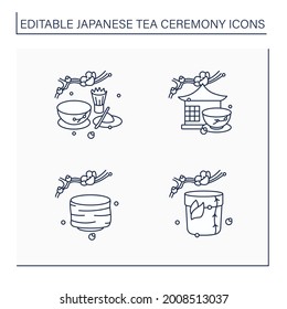 Japanese tea ceremony line icons set. Tea caddy, bowl, room, matcha. Japan ancient tradition. Tea ceremony concept.Isolated vector illustrations.Editable stroke