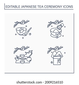Japanese tea ceremony line icons set. Kimono, kaiseki, tea whisk and scoop. Japan ancient tradition. Tea ceremony concept.Isolated vector illustrations.Editable stroke