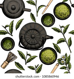  Japanese tea ceremony. Matcha tea. Vector seamless pattern