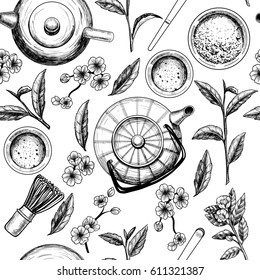  Japanese tea ceremony. Matcha tea. Vector seamless pattern