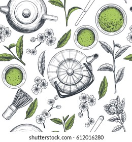 Japanese Tea Ceremony. Matcha Tea. Vector Seamless Pattern