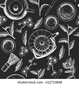 Japanese tea ceremony. Matcha tea. Vector seamless pattern
