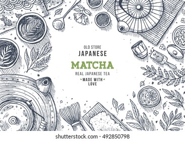 Japanese tea ceremony. Tea table background. Engraved style illustration. Matcha tea. Vector illustration