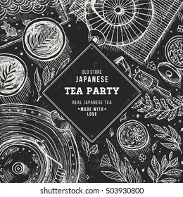 Japanese tea ceremony. Tea table background. Engraved style illustration. Matcha tea. Vector illustration