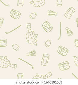 Japanese Tea Ceremony Tools Vector Cartoon White Color Background Seamless Pattern