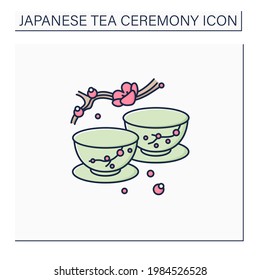 Japanese tea cups color icon. Ceremony two teacups with sakura pictures. Unique handmade ware. Tea ritual concept.Isolated vector illustration