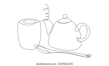 Japanese tea drinking set, teapot, cup, spoon, drawing in one line style on a white background. Vector illustration