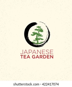 Japanese Tea Garden Creative Vector Sign Concept. Tree Inside Zen Circle Design Element.