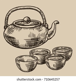 Japanese tea kettle and bowls engraved. Asian cups for tea in the sketch style. Vector illustration. EPS 10.