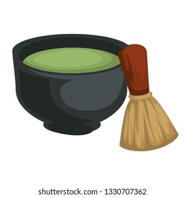 Japanese tea matcha in bowl with bamboo whisk green powder drink vector detox healthy herbal beverage Japan traditional ceremony organic product Oriental culture clay dishware and wooden tool