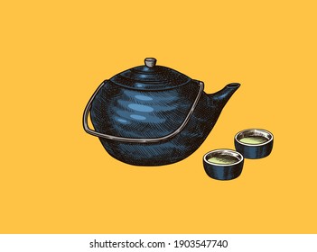 Japanese tea party. Teapot and traditional bowls. Hand Drawn engraved sketch for menu. Monochrome style. Vector illustrations