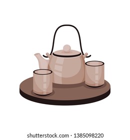 Japanese Tea Set On A Tray. Vector Illustration.