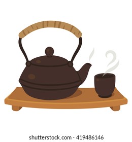 Japanese tea set, teapot and cup on wooden board. Tea ceremony illustration.