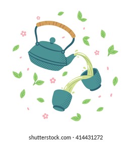 Japanese Tea Set. Teapot Pouring Green Tea In Cups Surrounded By Tea Leaves And Flowers.