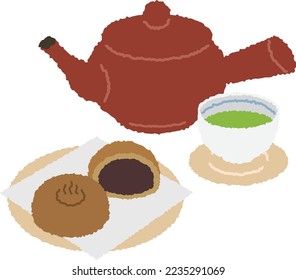 Japanese tea and Japanese sweets called "hot spring manju" in Japan.