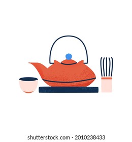 Japanese teapot and cups flat cartoon illustration. Asian traditional tea ceremony banner design. Old Chinese kettle background.