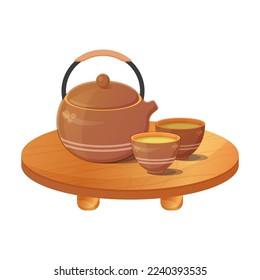 Japanese teapot with cups on table. Asian tea ceremony. Asian food. Colorful vector illustration isolated on white background.