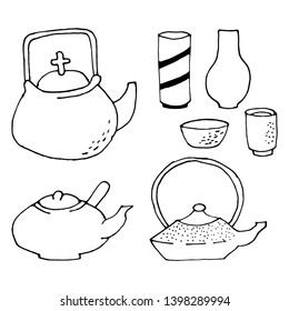 Japanese teapots are hand-drawn with one line. Cup, vase for the tea ceremony in vector on a white background.